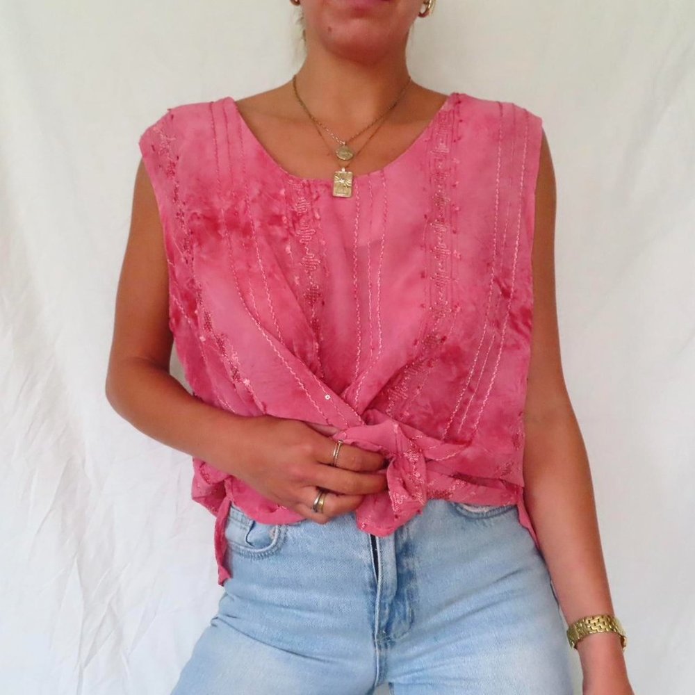 Pink Sequin & Embroidered Women's Tank